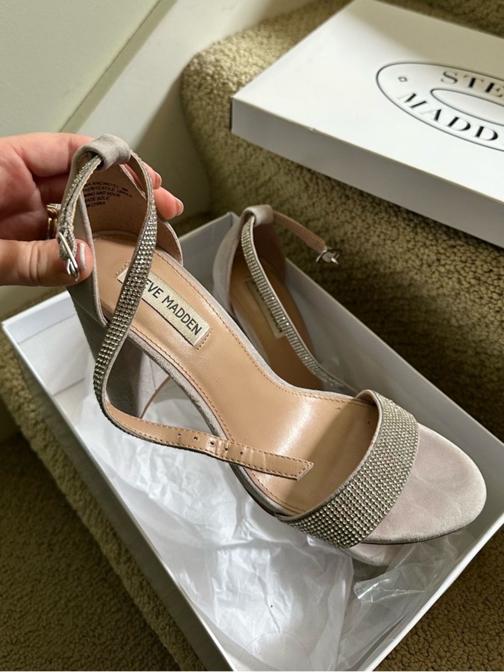 Steve Madden Women's Silver Grey Rhinestone Strap Suede Heels Worn a few times